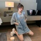 Mock Two-piece 3/4-sleeve Denim Paneled Mini T-shirt Dress