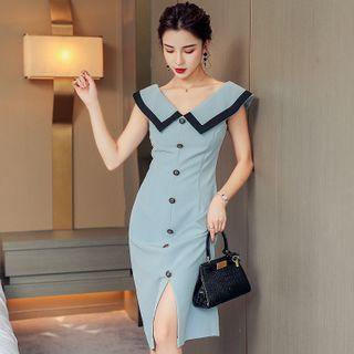 Sleeveless Wide-collar Buttoned Midi Sheath Dress