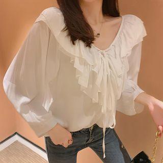 Ruffle Drawstring Chiffon Blouse White - One Size