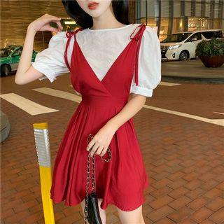 Set: Puff-sleeved Chiffon Top + Sleeveless A-line Dress