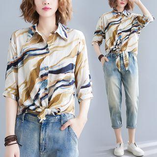 Short-sleeve Print Shirt Blue & Khaki - One Size