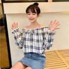 Wide Strap Collar Plaid Top Long-sleeve