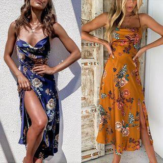 Spaghetti Strap Floral Print Slit Long Dress