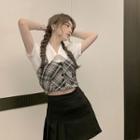 Puff-sleeve Cropped Blouse / Plaid Camisole Top / Pleated Mini A-line Skirt