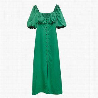 Puff-sleeve Shirred Panel Midi A-line Dress