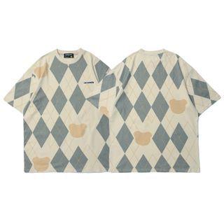 Short-sleeve Bear Print Argyle T-shirt