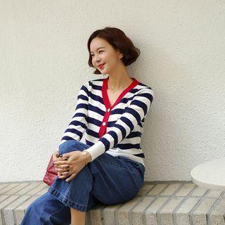 V-neck Contrast-trim Striped Cardigan
