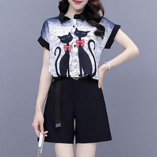 Set: Cap-sleeve Cat Print Chiffon Shirt + Wide Leg Shorts