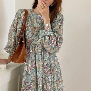 Long-sleeve Leaf Print Midi Smock Dress