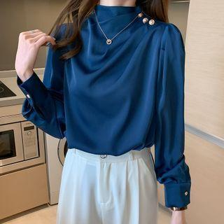 Long-sleeve Mock-neck Draped Blouse