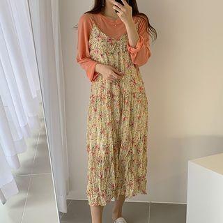 Long-sleeve T-shirt / Spaghetti Strap Floral Midi Dress
