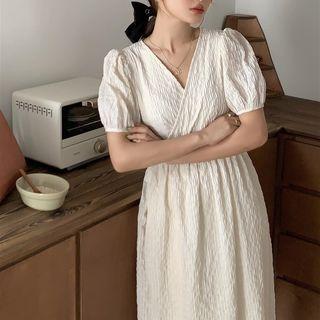 Short-sleeve V-neck Midi A-line Dress Beige - One Size