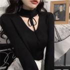 Knit Long-sleeve Plain Halter Top Black - One Size