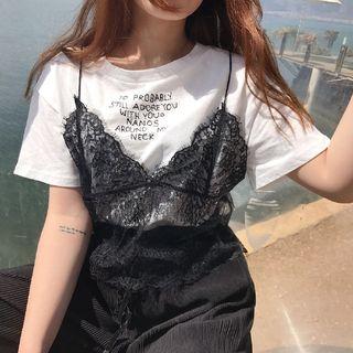 Set: Short-sleeve Lettering T-shirt + Spaghetti Strap Lace Top