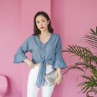 Ruffle-sleeve Tie-front Cropped Shirt
