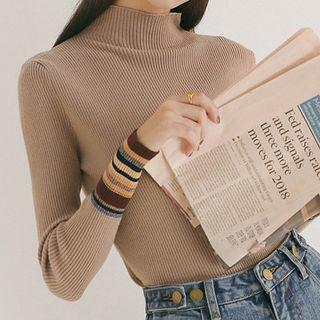 Striped Cuff Mock-turtleneck Knit Top Khaki - One Size