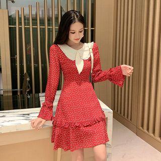 Heart Print Ruffle Trim Long-sleeve A-line Dress