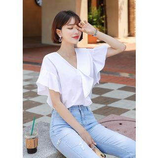 Plus Size - Ruffled Short-sleeve Cotton Blouse