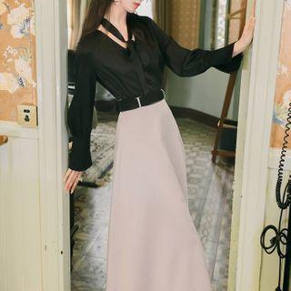 Set: Flared-sleeve Blouse + Pinstriped Midi A-line Skirt