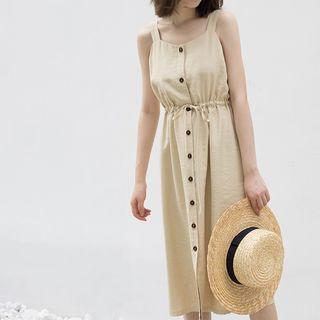 Sleeveless Single-breasted Plain Midi Dress
