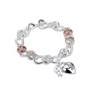 Simple Heart Lock Flower Key Bracelet With Austrian Element Crystal Silver - One Size
