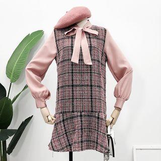 Mock Two-piece Tie-neckline Check Dress