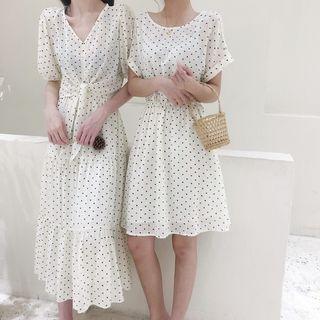 Set: Short-sleeve Polka Dot A-line Mini Dress + Elbow-sleeve Midi Dress