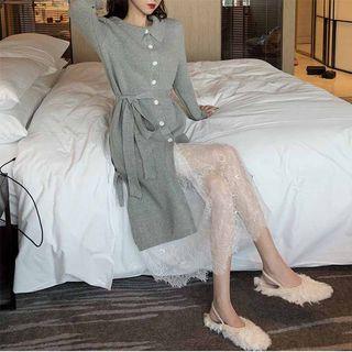 Collared Knit Jacket / Lace Spaghetti Strap Dress
