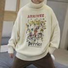 Mock Neck Long-sleeve Cartoon Printed Knit Top