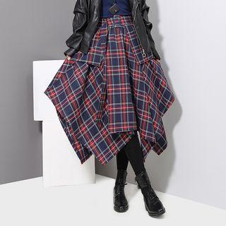Plaid Midi A-line Skirt Dark Blue - One Size