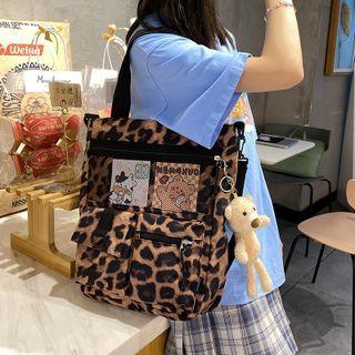 Mesh Pocket Print Crossbody Tote Bag