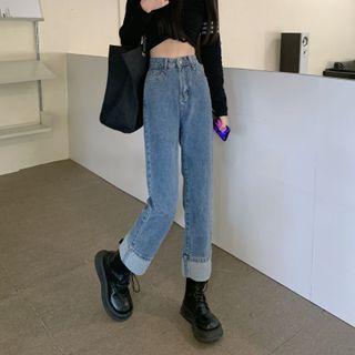 High Waist Cuffed Washed Straight Leg Jeans