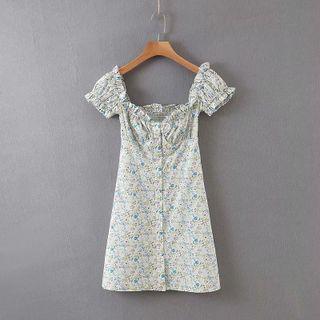 Short-sleeve Floral Button-up Mini A-line Dress