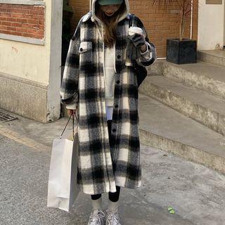 Long Plaid Shirt Jacket Plaid - Black & White - One Size