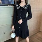 Long-sleeve Sailor Collar Midi A-line Dress Black - One Size