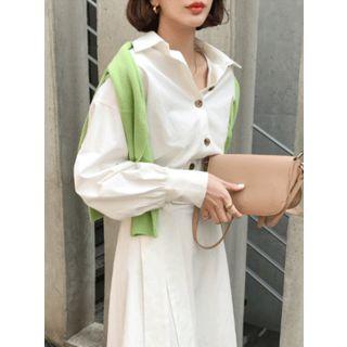 Balloon-sleeve Tie-waist Maxi Flare Dress