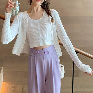 Set Of 2: Long-sleeve Plain Knit Tank Top + Cardigan
