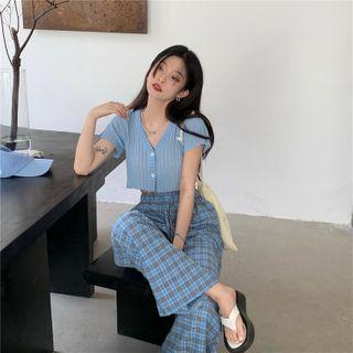 Short-sleeve Button Knit Top / Plaid Wide-leg Pants