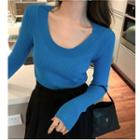 Scoop-neck Ribbed Knit Sweater Blue - One Size