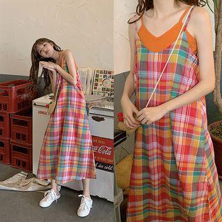 Plaid Spaghetti Strap Midi A-line Dress Plaid - Multicolour - One Size