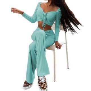 Set: Shirred Cropped T-shirt + Straight Leg Pants