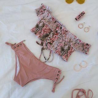 Off-shoulder Floral Print Drawstring Bikini