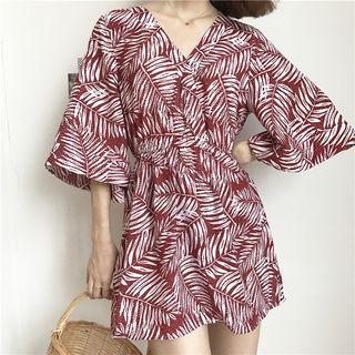 Elbow-sleeve Pattern V-neck A-line Dress