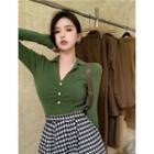 Long-sleeve V-neck Slim-fit Knit Top / Houndstooth A-line Skirt ( Various Designs)