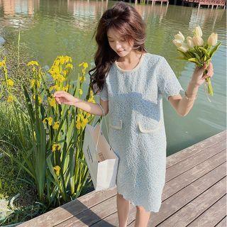 Short Sleeve Flower Embroidered Scallop Trim Mini Shift Dress