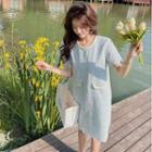Short Sleeve Flower Embroidered Scallop Trim Mini Shift Dress