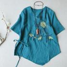 Elbow-sleeve Embroidered Wrap Blouse