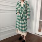 Double-breasted Plaid Sashed Long Coat Plaid - Green - One Size