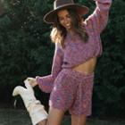 Set: Long Sleeve Crop Knit Top + Drawstring Shorts