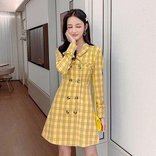 Long-sleeve Plaid Double Breasted A-line Mini Dress